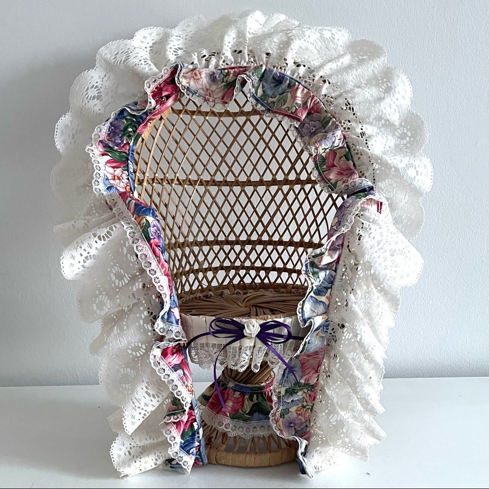 Vintage Rattan Mini Chair with Ruffle Trim or Planter